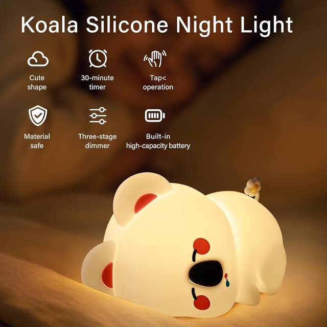 Detalle de AmmToo Koala Nachtlicht mit Timer, dimmbar und USB-Ladekabel – Silikon für Kinderzimmer