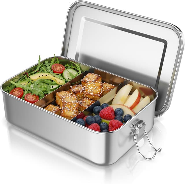 Detalle de Arendo Lunchbox aus Edelstahl 1.400 ml mit Fächern und Silikondichtung – auslaufsicher
