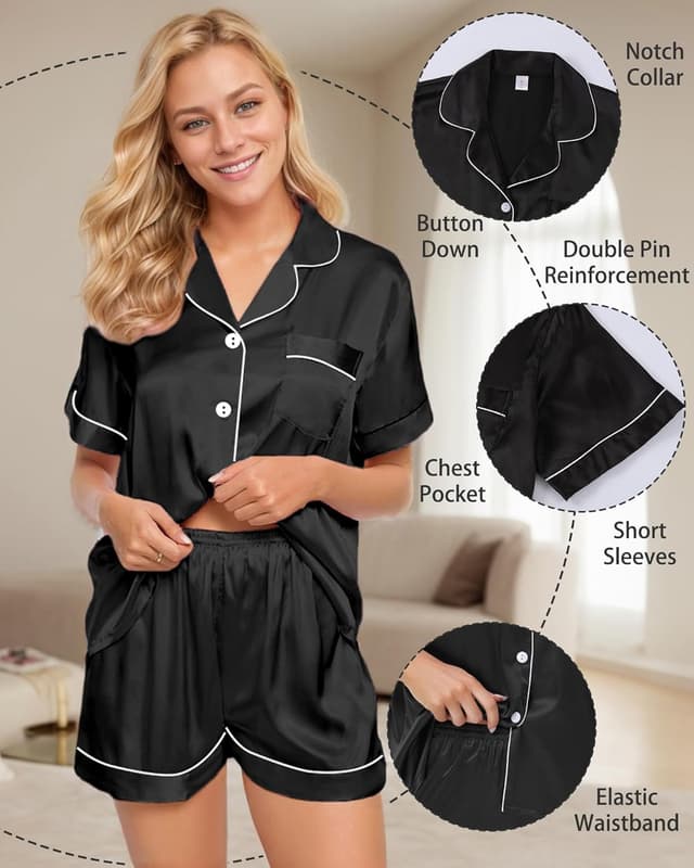 Detalle de TinyChoice 3-Piece Silk Satin Pajama Set for Women (Short Sleeve Button-Down Top + Shorts + Long Pants)