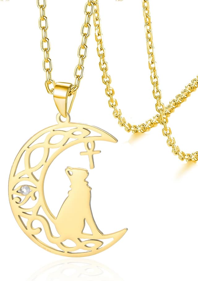 Detalle de VASSAGO Ägyptische Ankh-Halskette aus Edelstahl mit Bastet-Katze und Auge des Horus-Anhänger