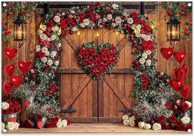 Detalle de Luminora 7x5ft Valentine’s Day wooden house backdrop with white rose arch and love heart design (photo banner prop)