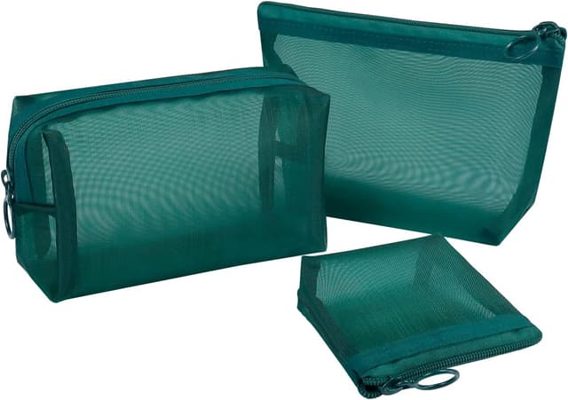 Detalle de Aosbos 3-pack Mesh Makeup Bag Set (3 sizes, green) – travel and everyday toiletry pouches