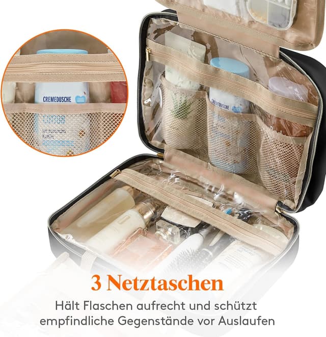 Detalle de Lifewit Reise-Kulturbeutel Damen (groß) mit Haken – transparente Schminktasche Schwarz