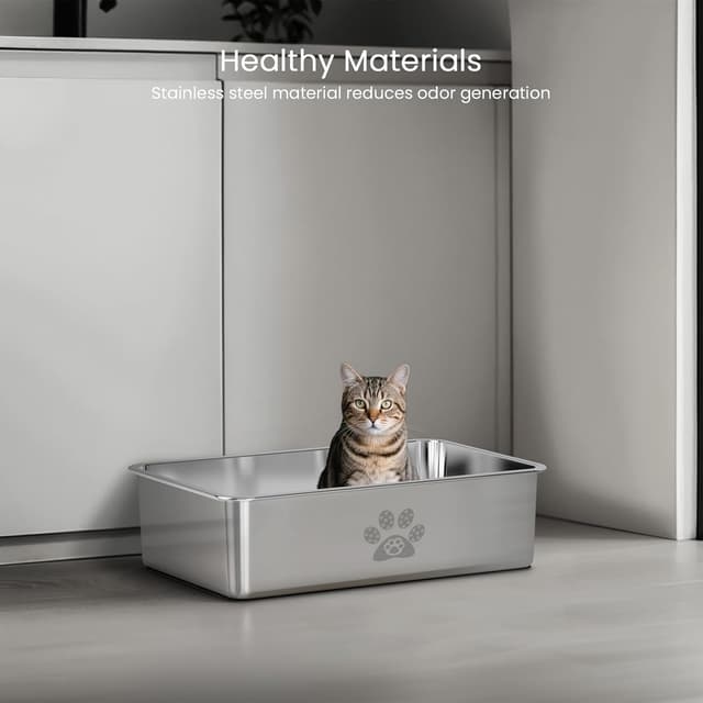 Detalle de PTLOM stainless steel low entry cat litter tray, rustproof non-stick pan (50 x 35 x 15cm) for senior cats & multi-cat homes