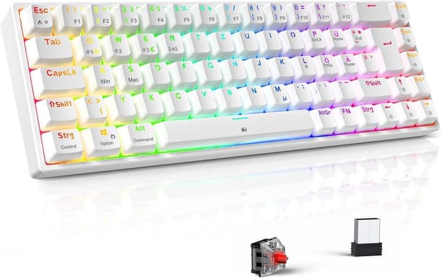 Detalle de TECURS Gaming-Tastatur mechanisch 65% QWERTZ (DE) – kabellos per Bluetooth/2,4 GHz oder mit Kabel, RGB, rote Schalter