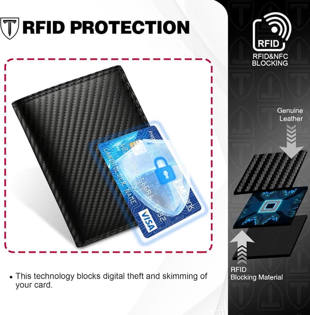 Detalle 2 de TEEHON men’s RFID blocking carbon fibre wallet (bifold, black & orange) with 12 card slots