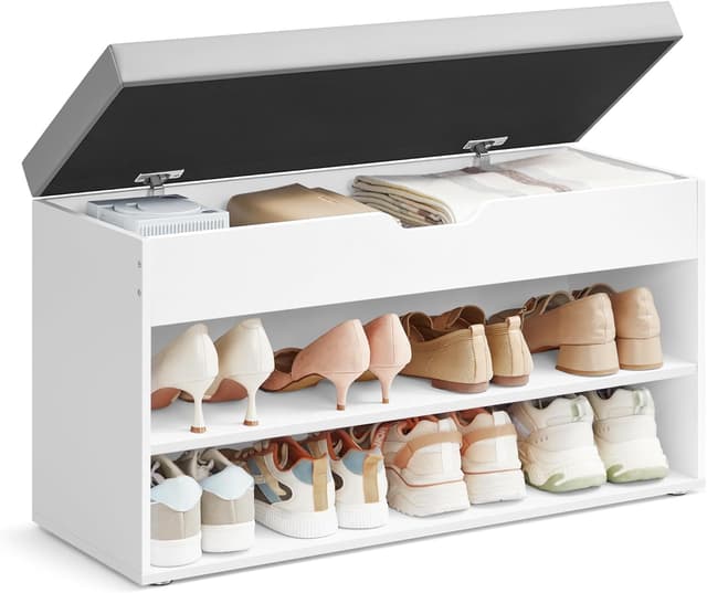 Detalle de VASAGLE LHS022WB01 panca scarpiera con sedile imbottito e 3 scomparti, 30 x 80 x 44 cm (bianco nuvola e grigio tortora)