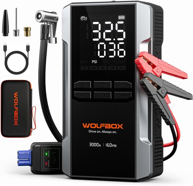Detalle de WOLFBOX 3000A Jump Starter Power Pack with Air Compressor (12V) with 65W Fast Charge