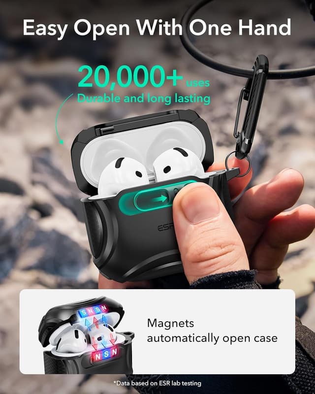 Detalle de ESR AirPods 4 Case (Cyber Series) with MagSafe support, drop protection strap and Find My speaker cutouts