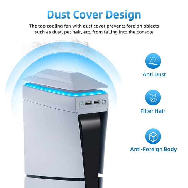 Thumbnail 6 de Mcbazel Kühler für PS5 Slim (Disk/Digital) mit 3-stufiger RGB-Beleuchtung, oberem Kühlventilator und 2× USB 2.0 – Weiß