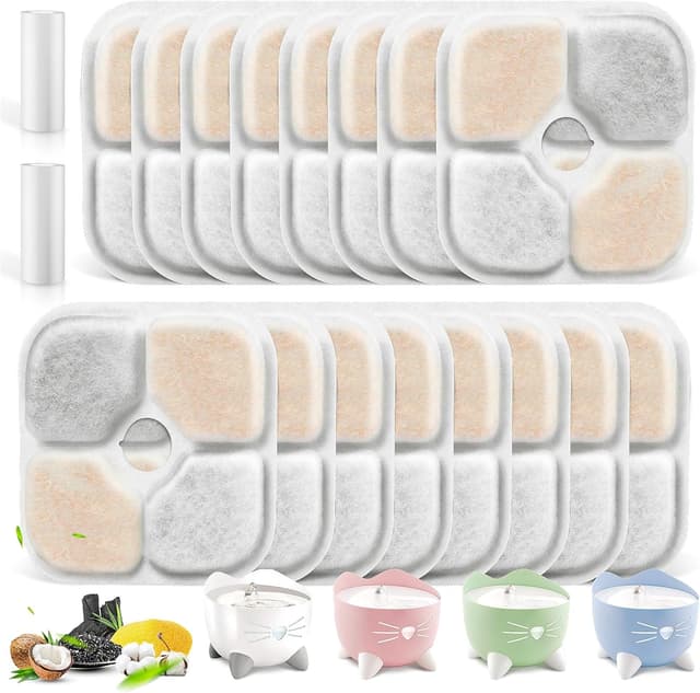 Detalle de 16 Katzenbrunnen-Filter als Ersatz für Catit Pixi Trinkbrunnen – Dreifachfilter-System mit Aktivkohle, Harz & Vlies, inkl. 2 Schläuche