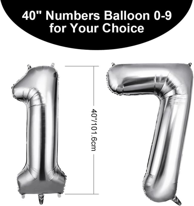 Detalle de OFFCUP 40 Inch Number 17 Balloon (Silver) – Large foil self-inflating helium balloon decorations