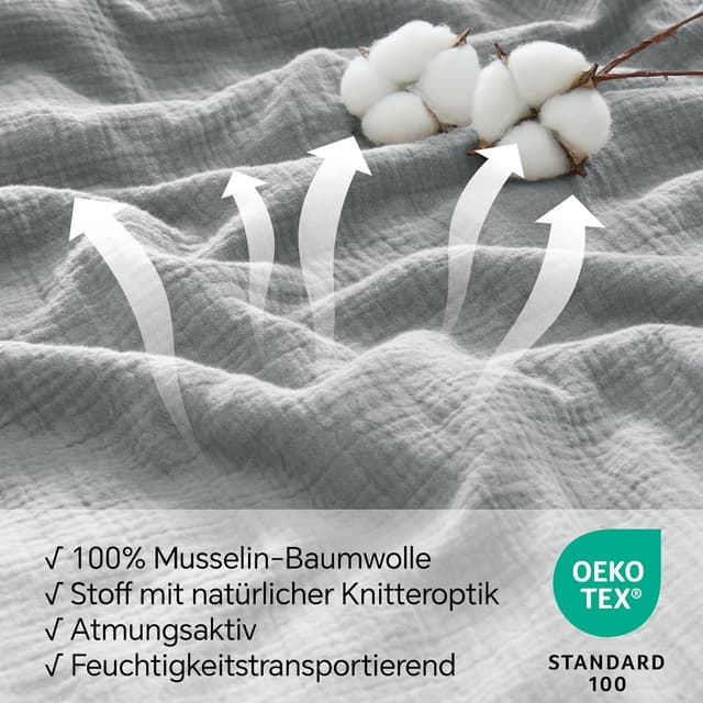 Detalle de BEDELITE Musselin Bettwäsche 155x220 aus Baumwolle (ÖKO-TEX), 3-teilig mit Reißverschluss