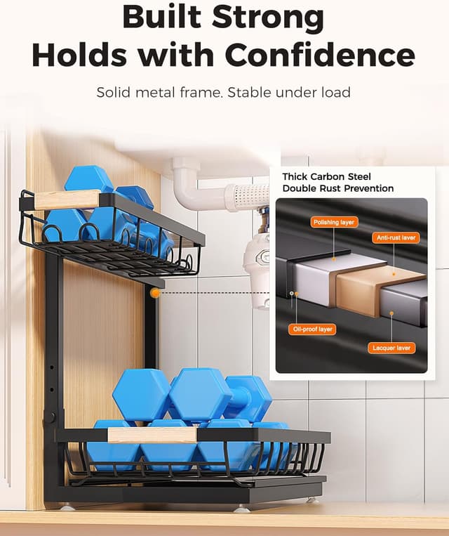 Detalle 2 de Sevenblue 3-Pack Under Sink Organizer (Black) — Height-Adjustable 2-Tier Pull-Out Storage