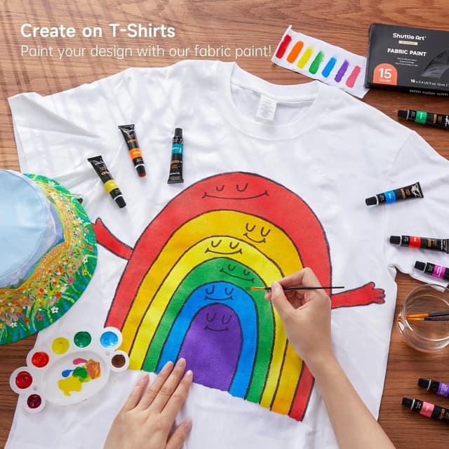 Detalle 2 de Shuttle Art waschmaschinenfeste Textilfarbe (15 x 12 ml) im Set mit 3 Pinseln – zum Bemalen & Färben von Stoffen