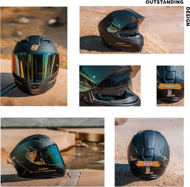 Detalle de HAX Force Aerodynamic Full Face Helmet (DOT & ECE 22.06) with Enhanced Dual Visor — Matte Black Gold — Adult Size M