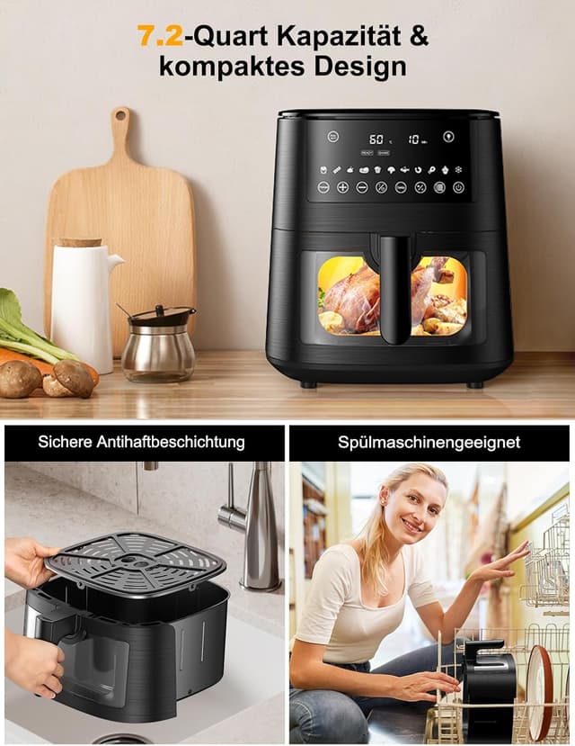 Detalle 2 de Heißluftfritteuse Airfryer mit Sichtfenster 7,2 l – 11-in-1 XXL Air Fryer mit Warmhalten, Vorheizen & Timer