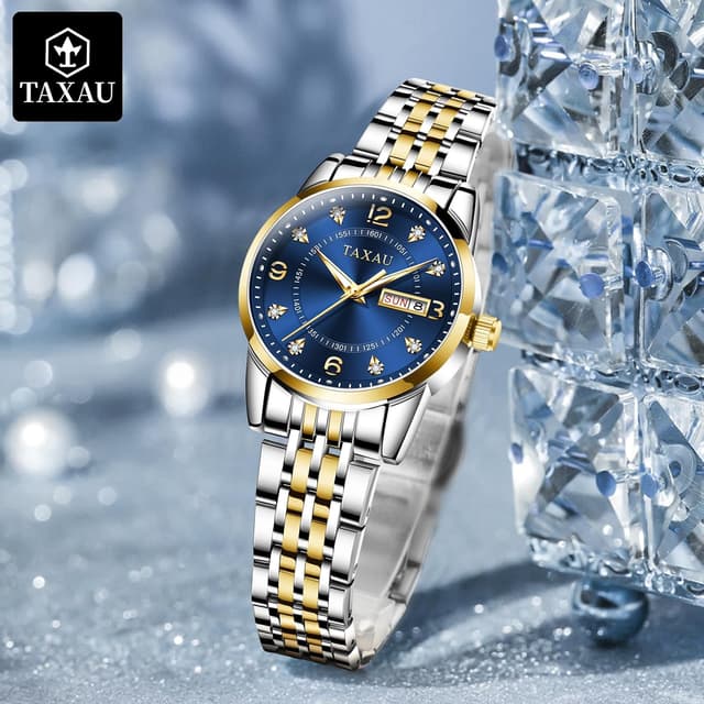 Detalle de Taxau Damenuhr mit arabischen Ziffern, blauem Zifferblatt und Datumsanzeige (Edelstahl, 3 ATM) – kleines Zifferblatt