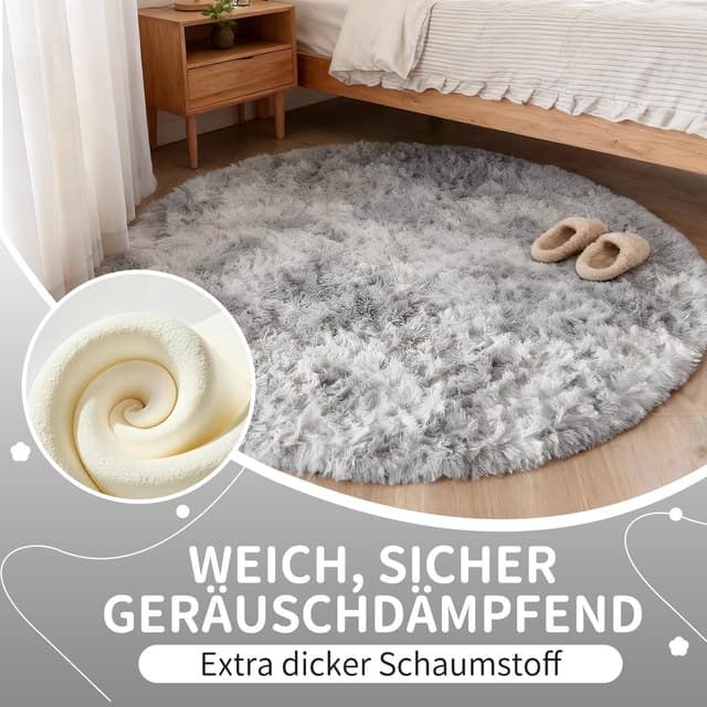 Detalle 1 de VOFUSHON runder Hochflor-Teppich 100 cm hellgrau – waschbar, rutschhemmend für Kinderzimmer