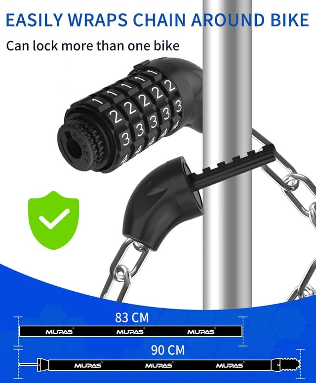 Detalle 2 de MUPAS Fahrrad-Zahlenschloss mit 5-stelligem Code und gehärtetem Stahl (Kettenschloss)