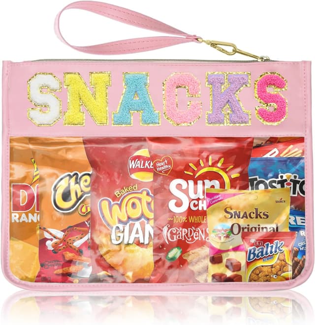 Detalle de Siwara Clear Snack Bags Travel Makeup Bag with Glitter Chenille Letter Patches (Water-Resistant Nylon & PVC)