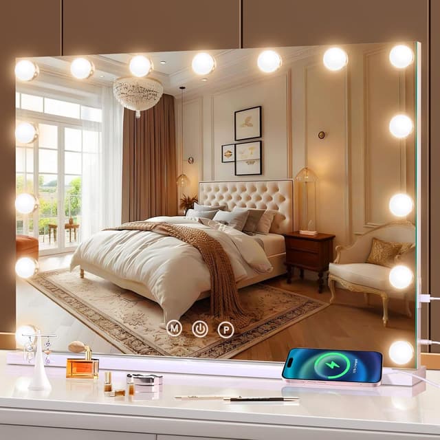 Detalle de halumao Hollywood Vanity Mirror with Lights (58 x 48 cm) with 3 light modes, smart touch control and USB/Type-C outputs