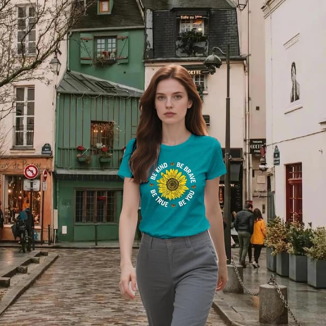 Detalle de Qskall women’s sunflower “Be Kind” slogan T-shirt – soft loose-fit inspirational tee