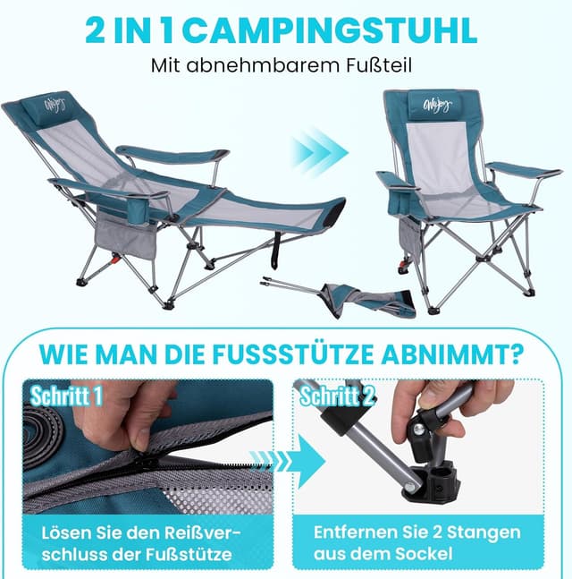 Detalle de #WEJOY 2-in-1 Campingstuhl bis 180 kg mit Fußstütze und 4-fach verstellbarer Rückenlehne