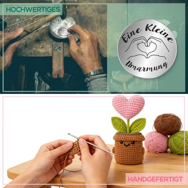 Detalle de Tixlux Pocket Hug Positive Herzpflanzen-Figur – handgenähte Strickwolle Herzpflanze mit Mini-Glücksbringer