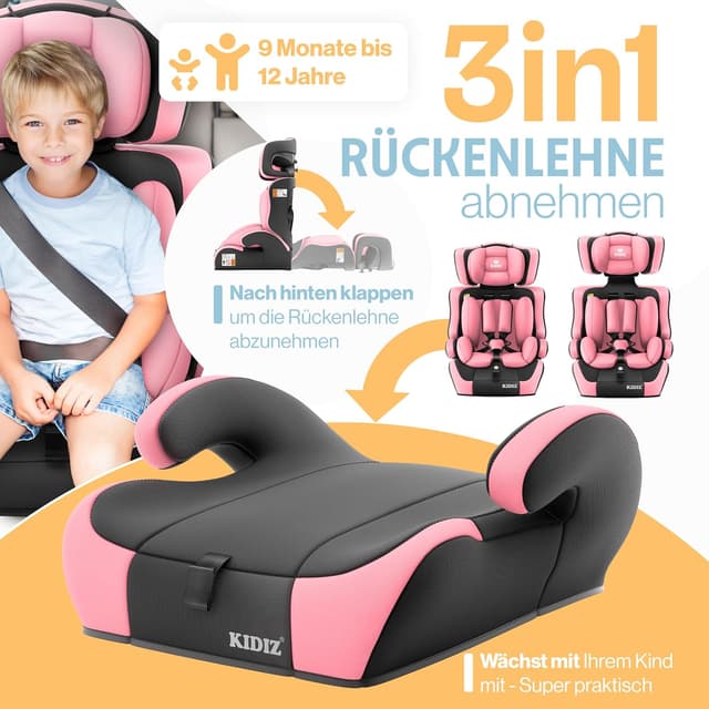 Detalle de KIDIZ Autokindersitz i-Size R129 100–150 cm (bis 12 Jahre), Autokindersitz Gruppe 1/2/3 ohne ISOFIX – Rosa