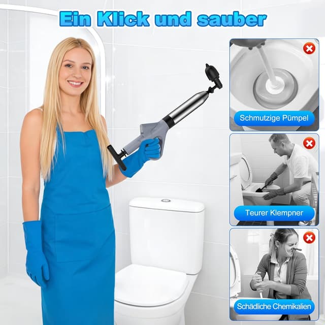 Detalle de Rohrreiniger Druckluft Abflussreiniger Pumpe mit Drucklufttechnologie und Druckanzeige (4 Saugnäpfe) – Pömpel Toilette, grau