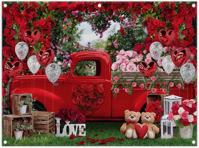 Detalle 2 de Luminora 7x5ft Valentine’s Day Truck Backdrop (Pink, Rose Forest Garden) for Photo Booth & Wedding Parties