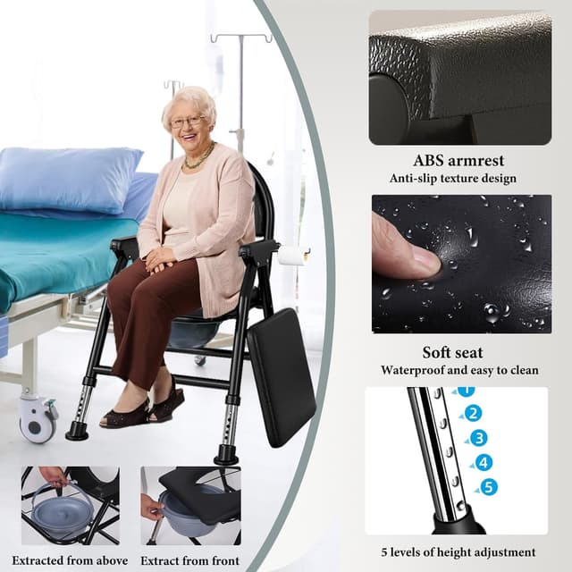 Detalle de NJUN Lightweight Commode Toilet Chair with Height Adjustment, Padded Seat & Folding WC Frame
