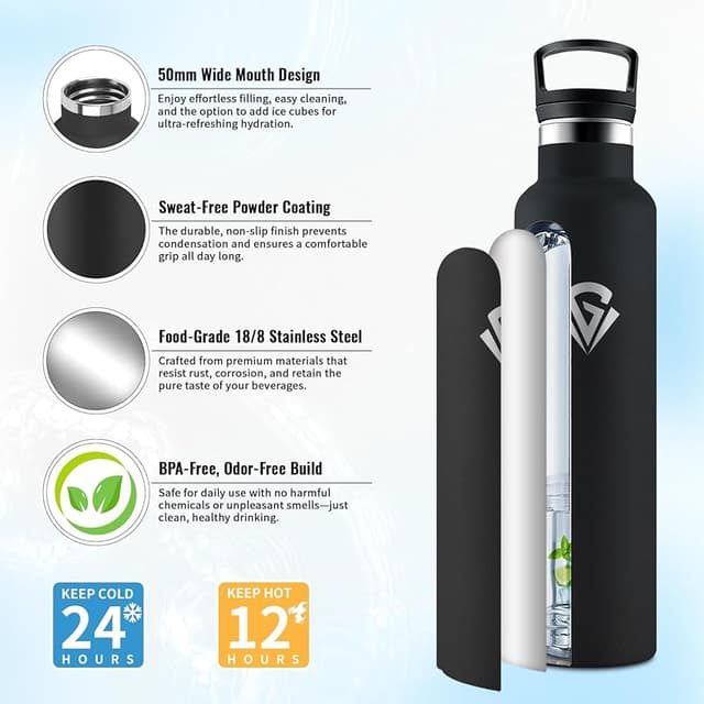 Detalle 2 de Botella Agua 1L térmica de acero inoxidable, antifugas 🚰