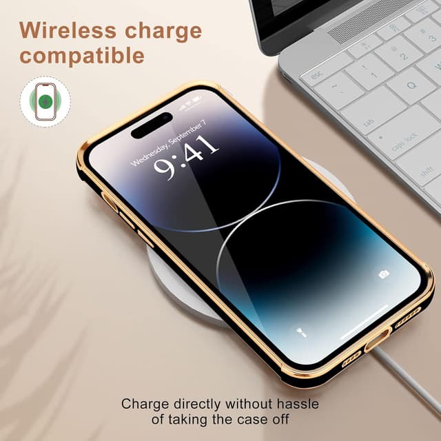 Detalle de Urarssa iPhone 14 Pro Case – Cute bling heart design black shockproof silicone bumper cover