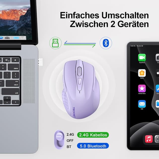 Detalle de TECKNET Bluetooth Maus (wiederaufladbar, 3 Modi BT 5.0/3.0 + 2,4G, 4800 DPI) – ergonomisch, leise, lila