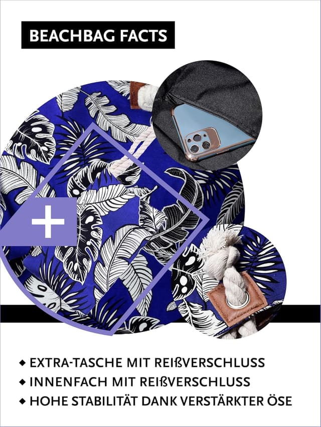 Detalle de DonDon Strandtasche XXL mit Reißverschluss – Umhängetasche & Shopper Bag für den Beach-Urlaub