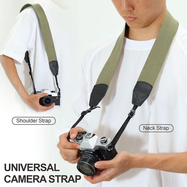 Detalle de Padwa Lifestyle Light Green Camera Strap (2-inch wide) – cowhide head cotton-woven vintage-style strap for photographers