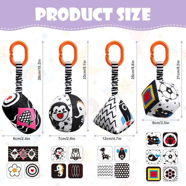 Detalle 2 de Aolso Kinderwagen-Spielzeug (4-teilig) mit hängenden Rasseln in Schwarz/Weiß