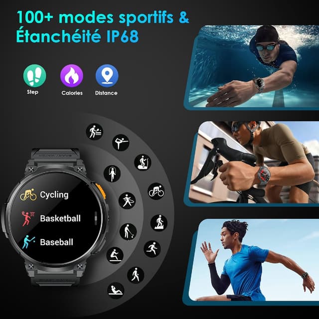Detalle de Montre connectée homme avec appels Bluetooth et écran HD 1,85" – Étanchéité IP68, batterie 730 mAh