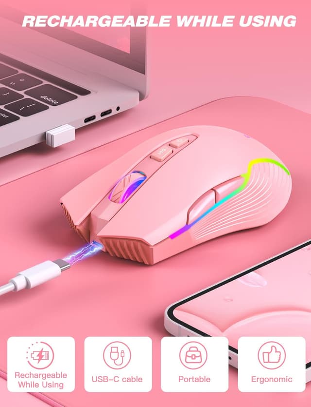 Detalle 2 de ONITOON Wireless Gaming Mouse in Pink (2.4G) with RGB, 5 DPI levels and USB-C recharge