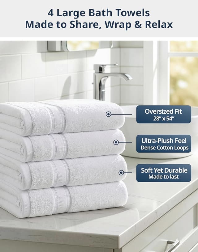 Detalle de Lane Linen 100% Cotton Zero-Twist 4-Pack Bath Towels (28"x54") in White