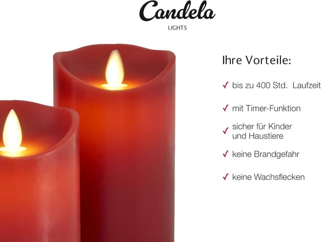 Detalle de LC Home Candela Lights LED-Kerzen-Set in Rot (Echtwachsoptik), 3-teilig mit Fernbedienung, Timer & mehrstufig dimmbar