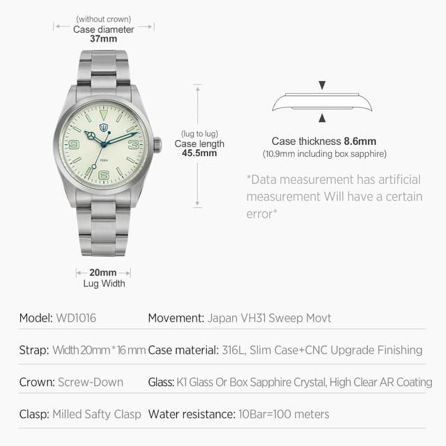 Detalle de watchdives WD1016 VH31 Quarzuhr Herrenarmbanduhr (37 mm) aus 316L-Edelstahl, wasserdicht bis 100 m