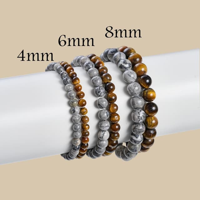 Detalle de Bivei 3-teiliges Perlenarmband mit Natursteinen (Ojo de Tigre & Picasso-Jaspis) für Damen – handgefertigt