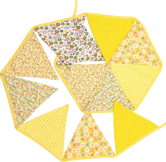 Detalle de G2PLUS Double Sided Cotton Fabric Bunting Banner (3.3m, 12 yellow floral pennants) for Easter & tea party décor