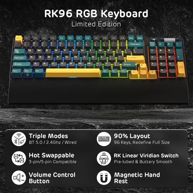 Detalle de RK ROYAL KLUDGE RK96 RGB Limited Edition 90% Wireless Triple-Mode Mechanical Keyboard (BT5.0/2.4G/USB-C) with Wrist Rest