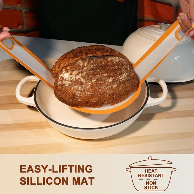 Detalle de AHJ 6QT Enameled Cast Iron Dutch Oven for Bread Baking with Proofing Basket, Gloves & Sling