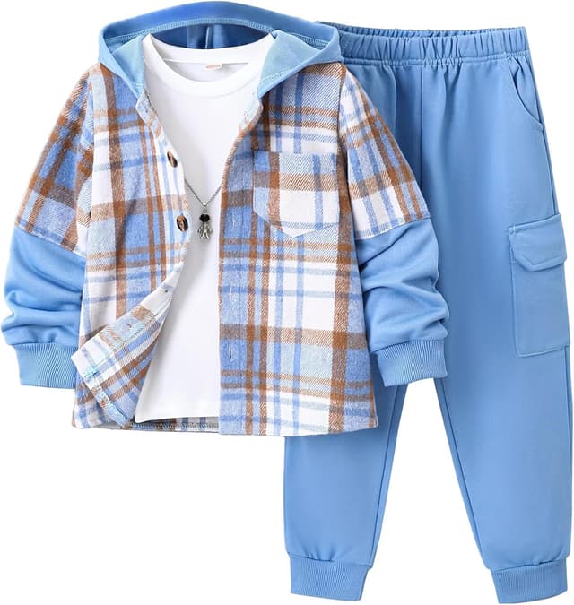 Detalle de Fdqin Kids Flannel Plaid Shirt and Sweatpants Set 4-12