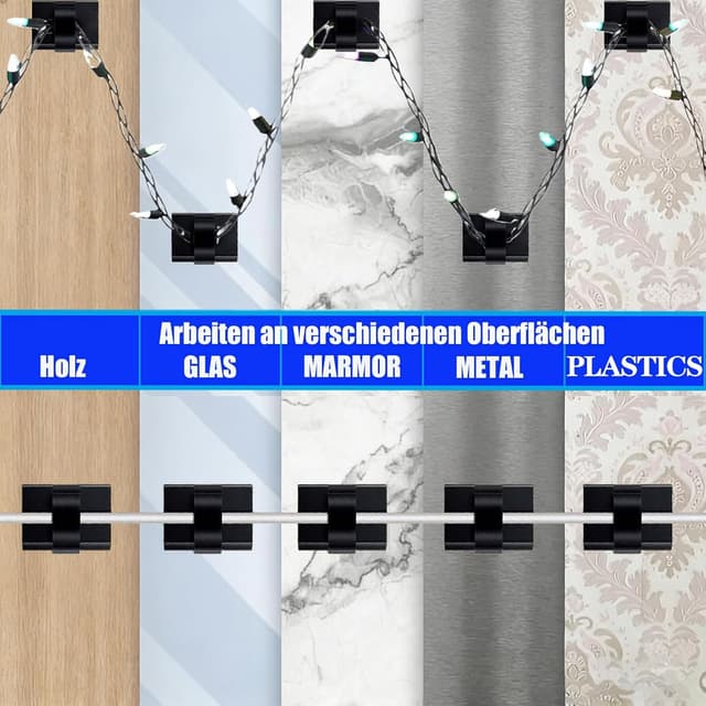 Detalle de KLJ Kabelhalter-Haken für Lichterketten, selbstklebend (50er-Pack) – schwarz